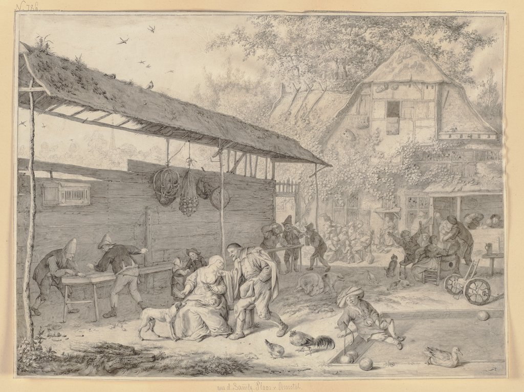 Bauernhof mit essendem, trinkendem, spielendem Volke, Cornelis Dusart