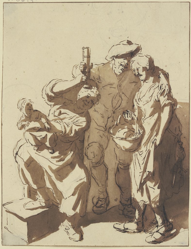 Bauer mit einem Glas zwischen zwei Frauen, die eine mit einem Kind, die andere mit einem Korb, Cornelis Dusart