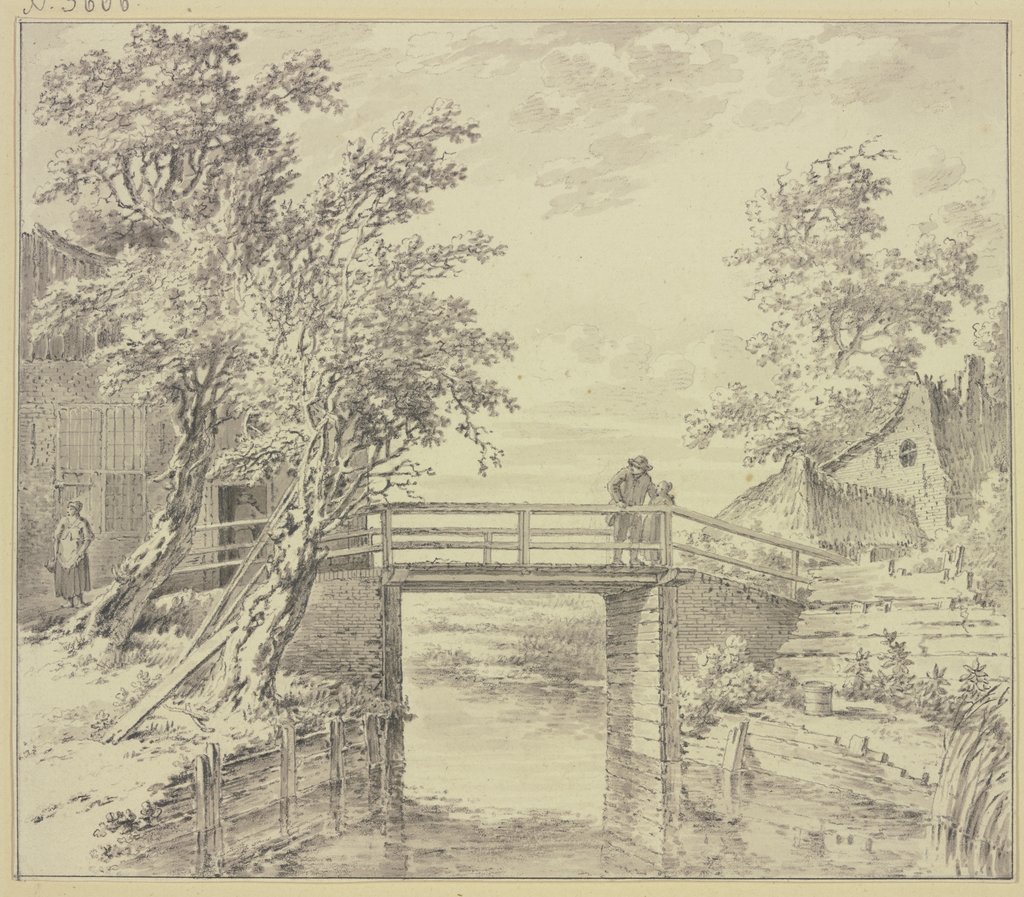 Zwischen Häusern eine Brücke über einen Kanal, auf welcher ein Mann und ein Mädchen stehen, Steven Goblé