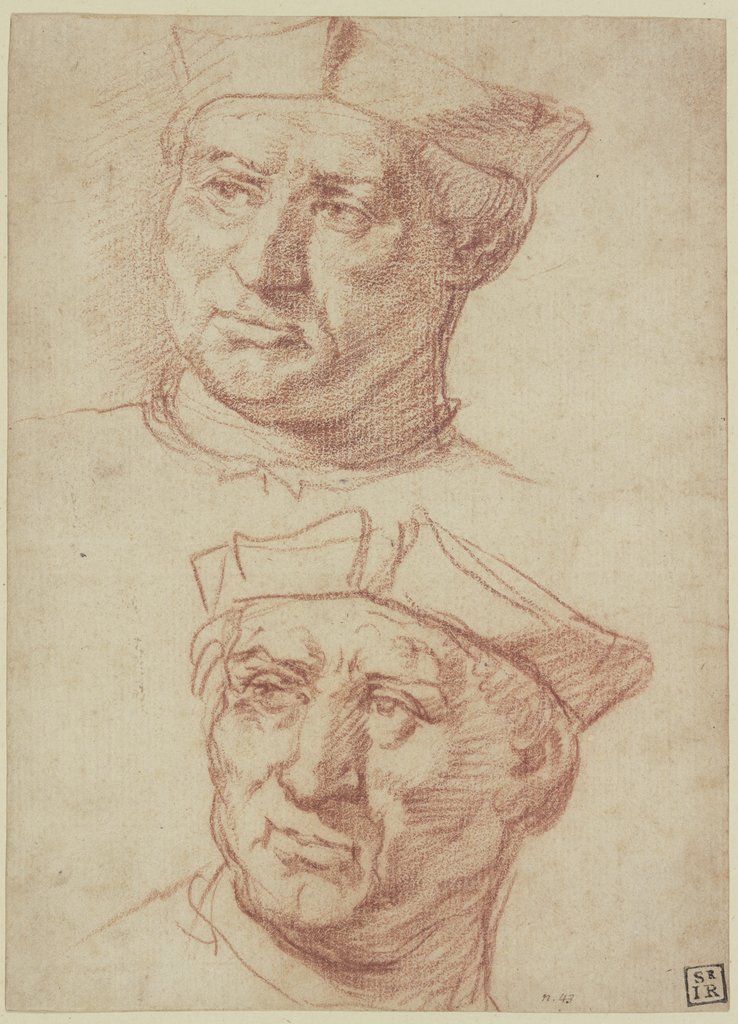 Mann mit Barett, der obere Kopf eine Wiederholung des unteren von späterer Hand, Annibale Carracci;   ?