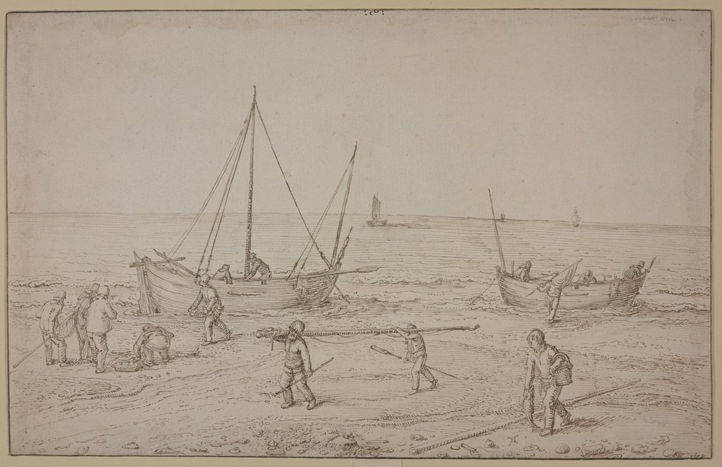 Meeresküste mit Segelbooten und Fischern, Jacques de Gheyn II