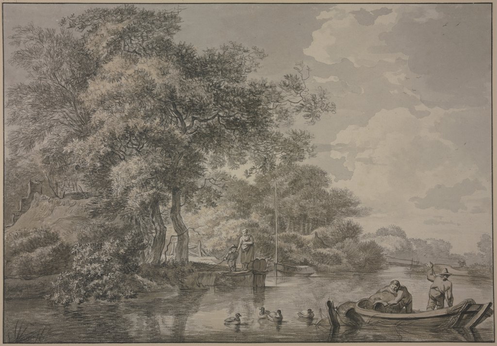 Baumpartie mit Fischerhütten an einem Fluss, rechts im Vordergrund ein Kahn mit zwei Männern, die Reußen legen, dabei vier schwimmende Enten, Geerlig Grijpmoed