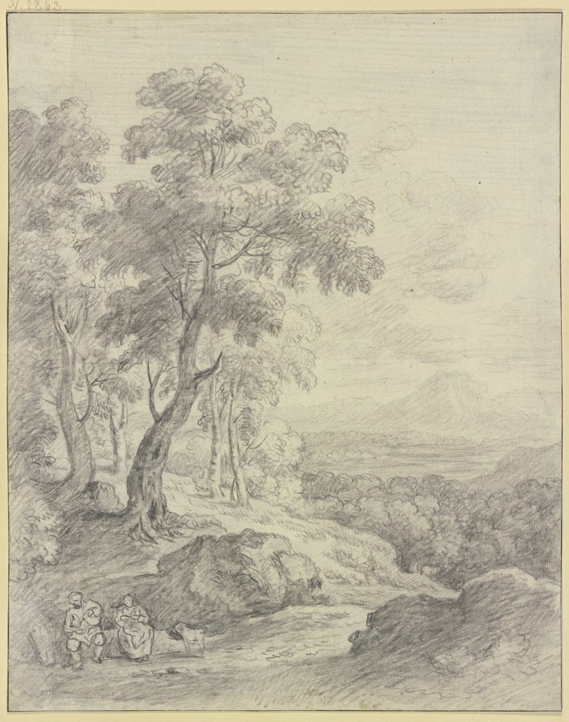 Landschaft mit Aussicht auf ein Gebirge, vorne auf einem Abhang sitzt ein Mann mit seiner Frau, Nicolaus Huysmann