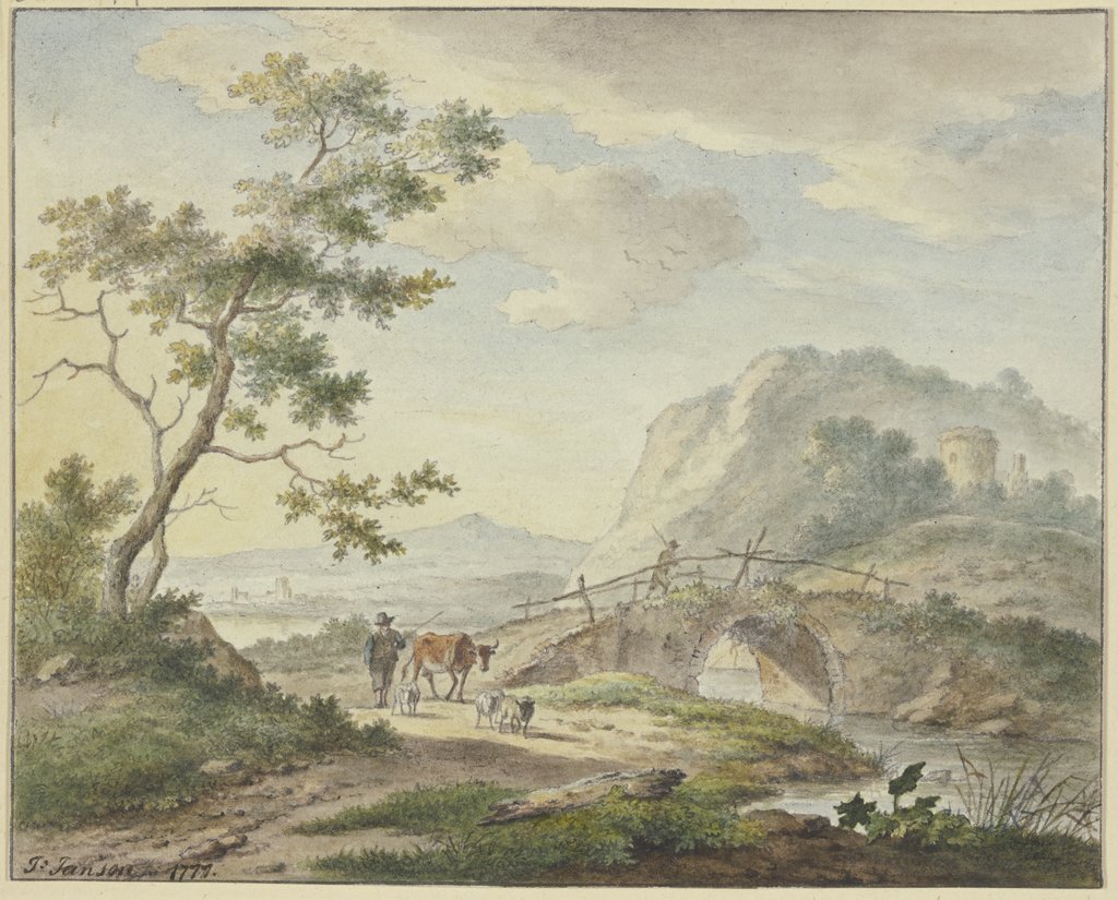 Über eine steinerne Brücke geht ein Mann, auf dem Weg ein Bauer mit einer Kuh und Schafen, Johannes Christiaan Janson