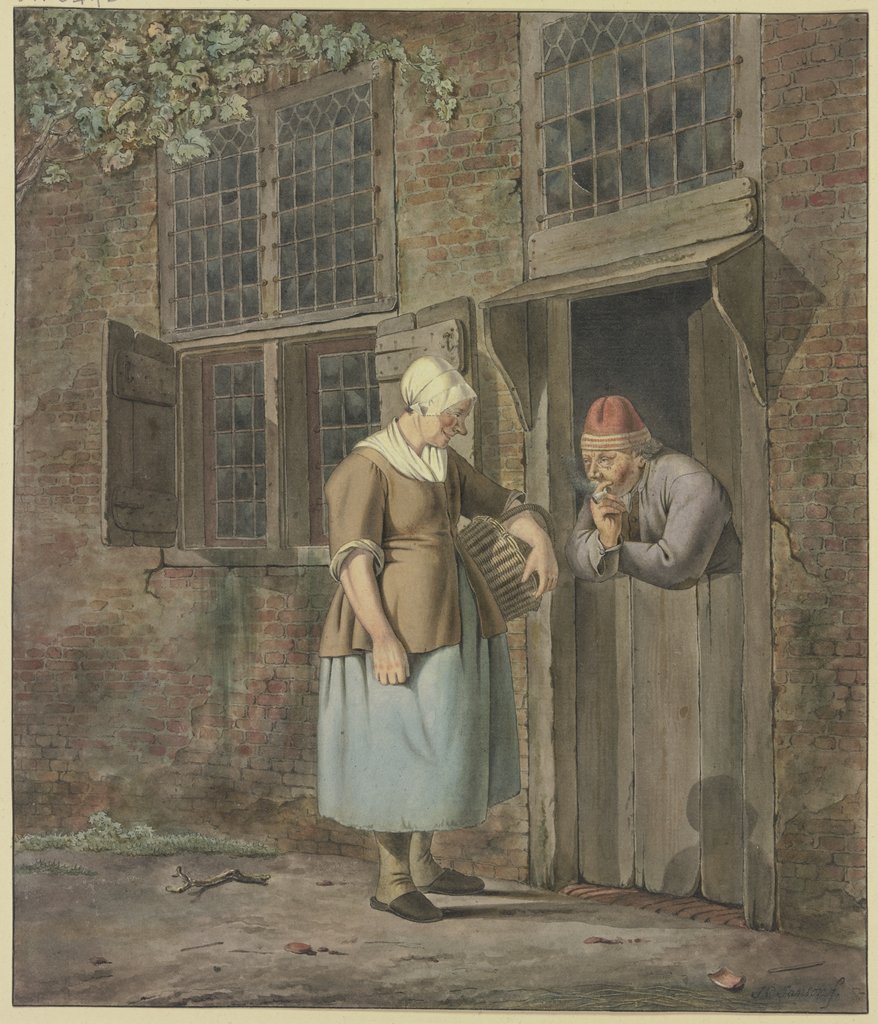 An einer Haustür spricht ein rauchender Mann mit einer Frau, die einen Korb trägt, Johannes Christiaan Janson