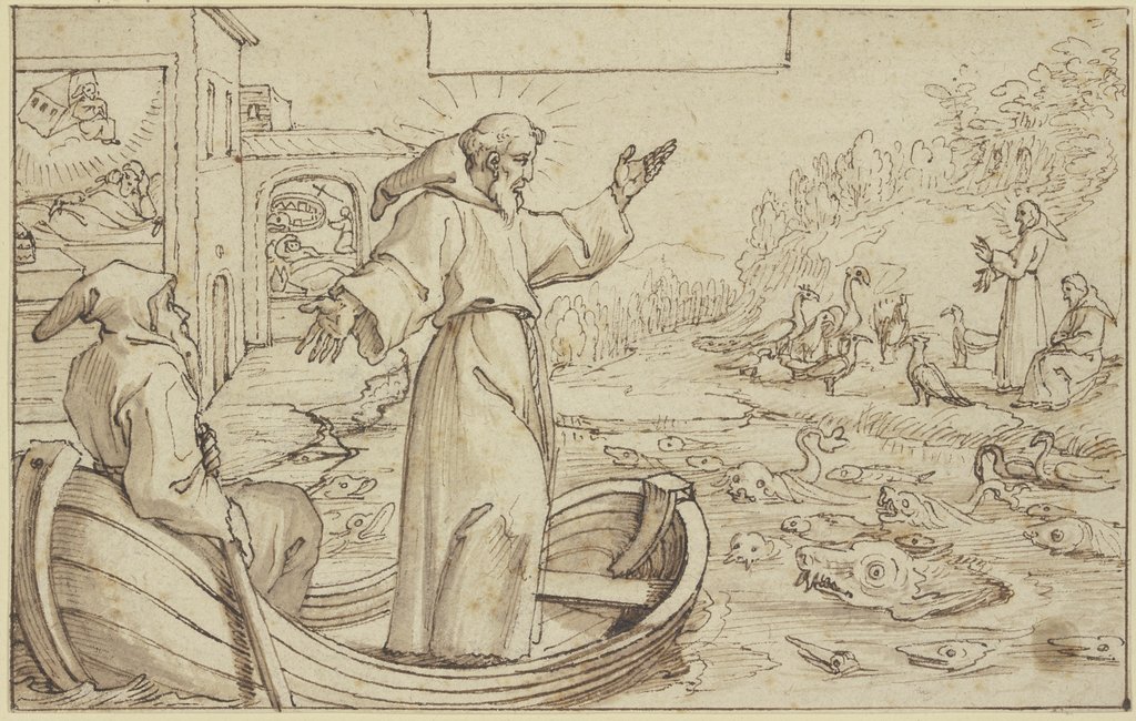 Der Heilige Franziskus predigt den Tieren, unterdessen träumt Papst Innozenz III. von der Rettung der Kirche durch den Heiligen, Pieter de Jode I