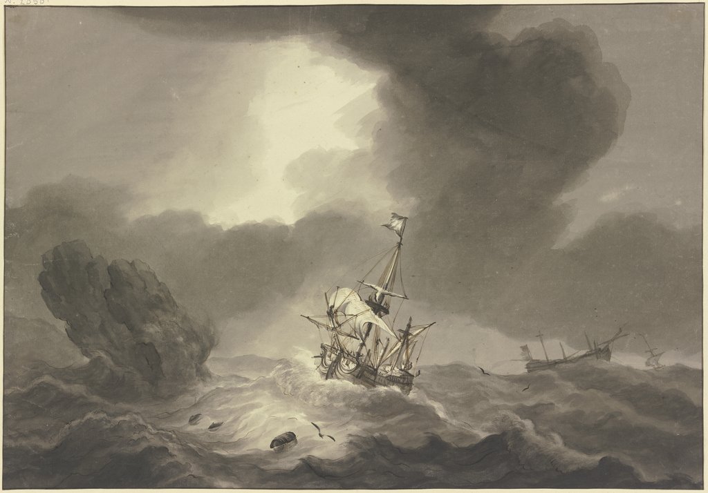 Seesturm, rechts ein entmastetes Schiff, links ein Felsen, an welchem ein Schiff vorbeisegelt, Hendrik Kobell