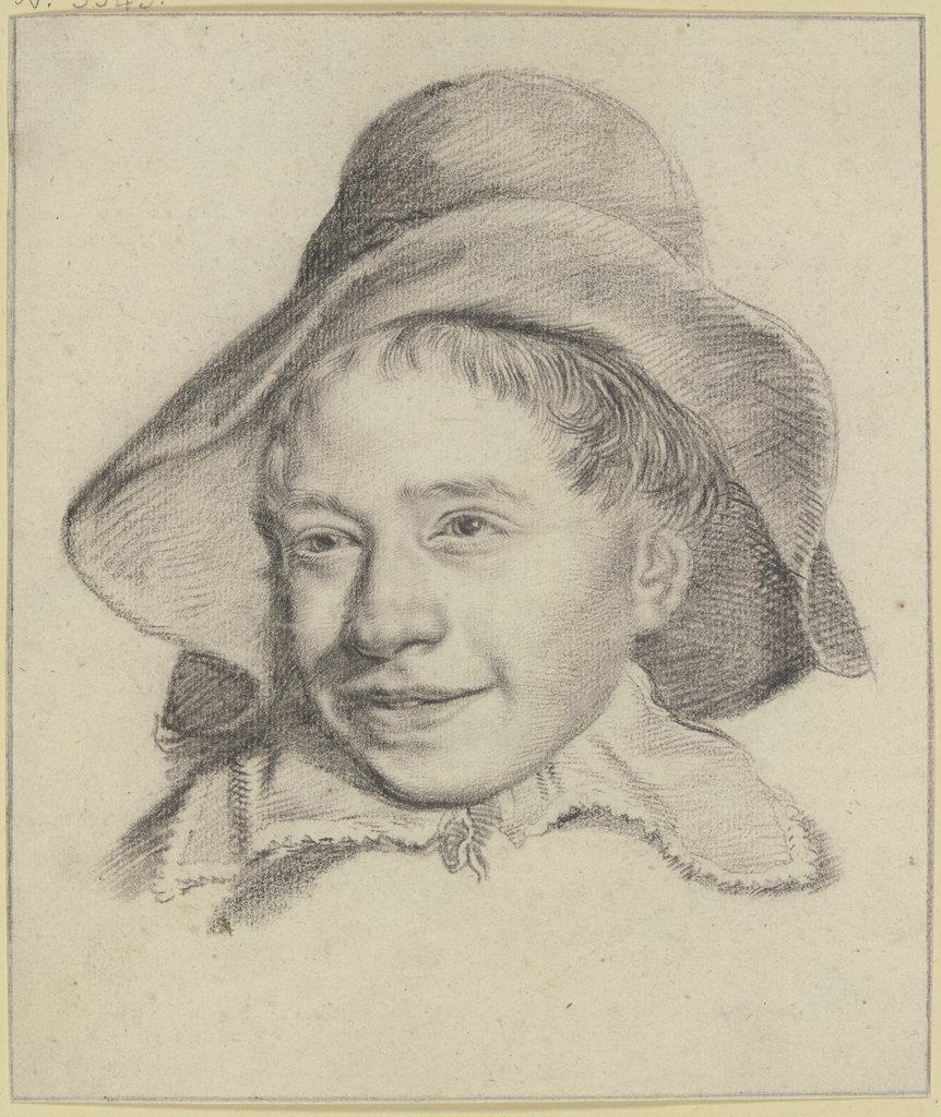 Kopf eines lachenden Knaben mit großem Hut und Kragen, Leendert van der Cooghen