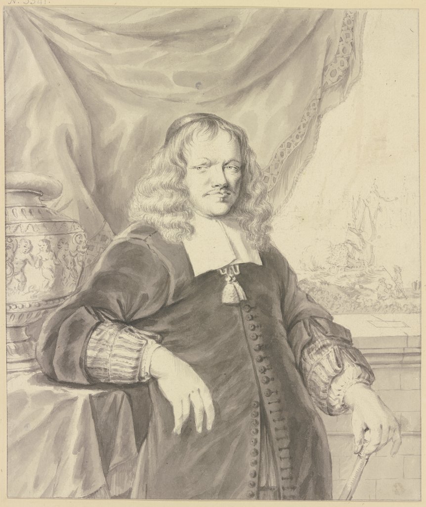 Porträt eines vornehmen Mannes, er steht bei einer Vase an einem Fenster, durch welches man ein Kriegsschiff erblickt, Jurriaan Cootwyk, nach Niederländisch, 17. Jahrhundert;   ?