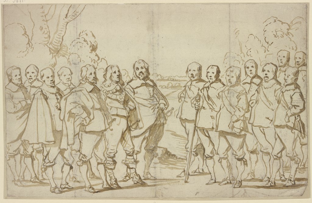 Eine Versammlung von vielen Männern, alle in Schuhen und Strümpfen, nur einer in Stiefeln, Anthonis van Dyck