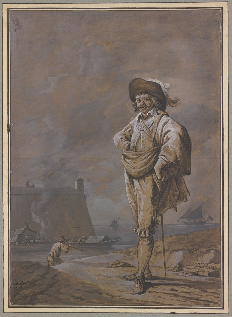Ein Kavalier mit Hut, Mantel und Degen steht am Ufer des Meeres, Charles Echard