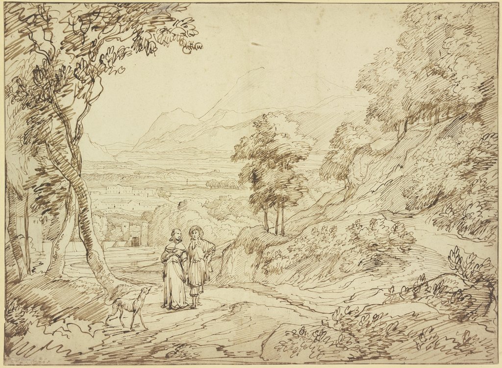 Landschaft, auf dem Weg ein Herr und eine Dame mit einem Windhund, Jacob Esselens