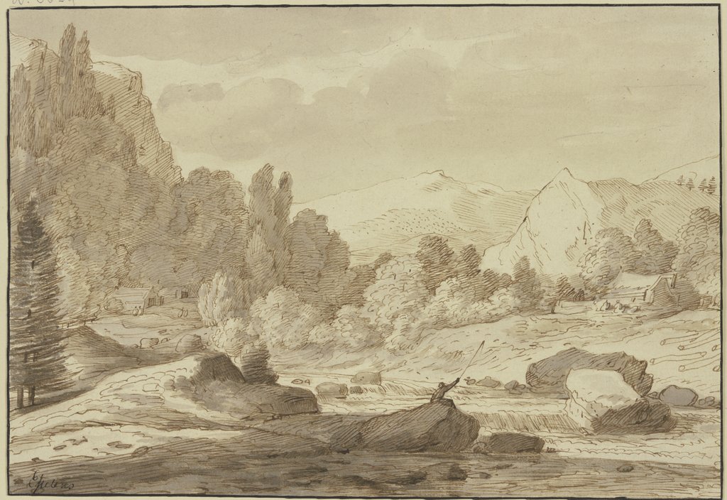 Gebirgslandschaft mit einem Waldbach, an welchem ein Angler sitzt, Jacob Esselens