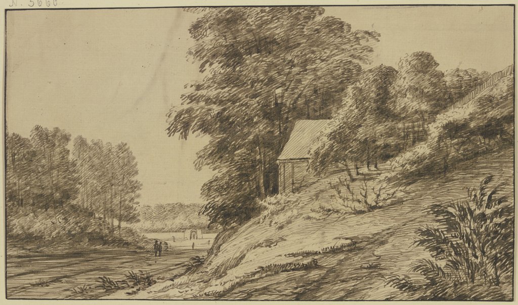 Landstraße durch den Wald, rechts unter hohen Bäumen auf einem Abhang eine Hütte, Jacob Esselens