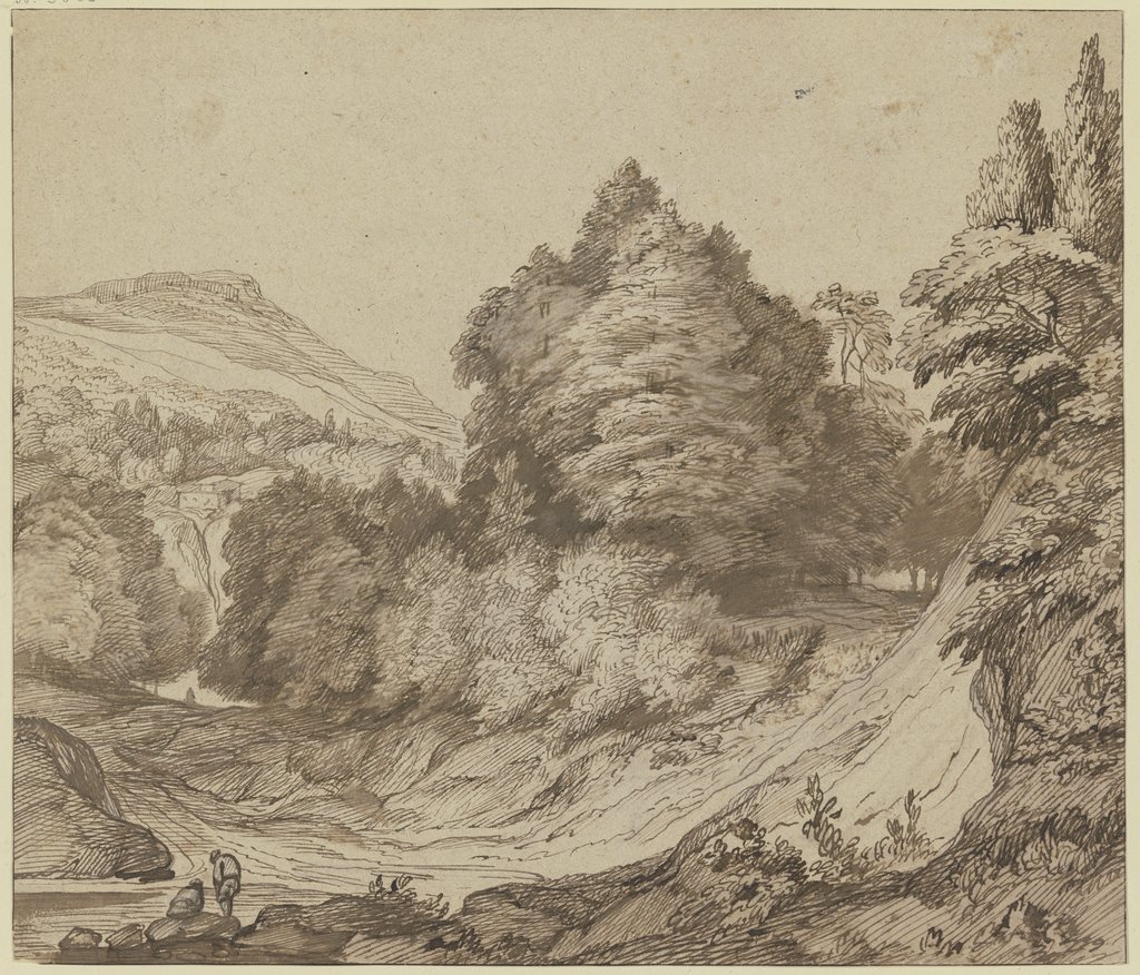 Gebirgslandschaft mit Wald, links am Weg ein sitzender und ein stehender Mann, Jacob Esselens