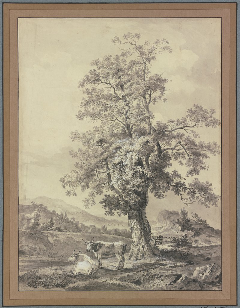 Alter Eichenbaum, unter dem sich zwei Rinder aufhalten, Nicolas Henri Joseph de Fassin