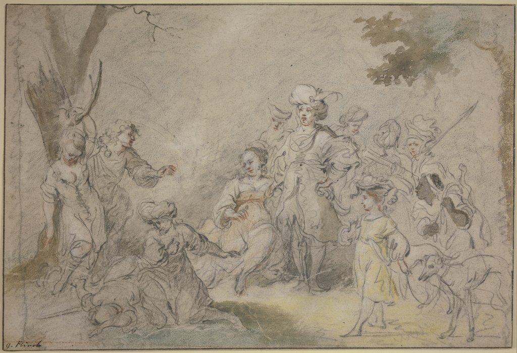 Ein Sultan, umgeben von vielem Gefolge, läßt ein Mädchen bei den Haaren an einen Baum aufhängen, Govaert Flinck;   ?