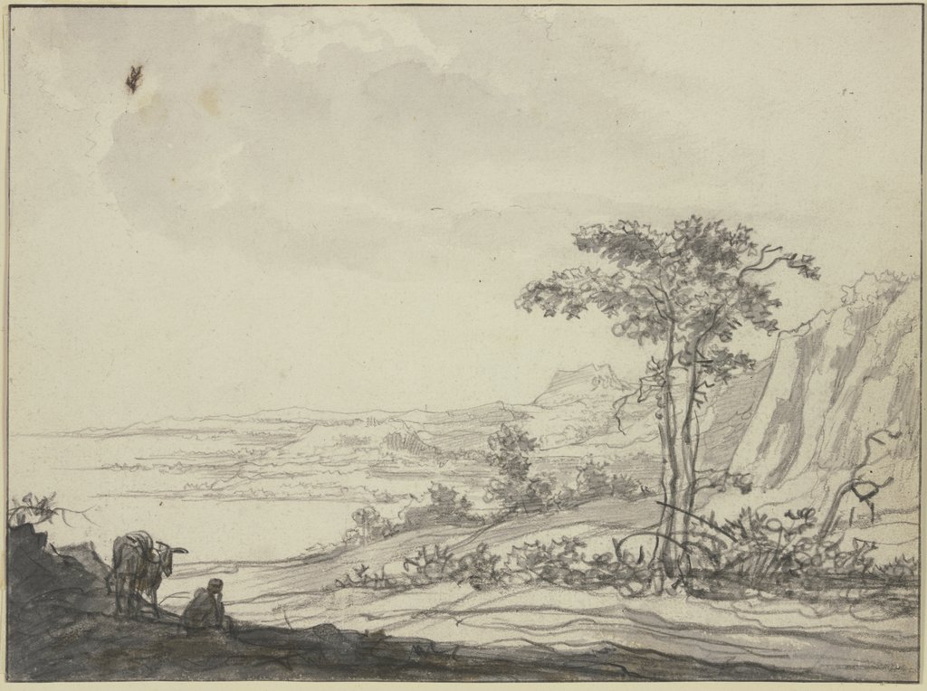 Gebirgslandschaft am Meer, links ein sitzender Mann bei einem Esel, Aelbert Cuyp