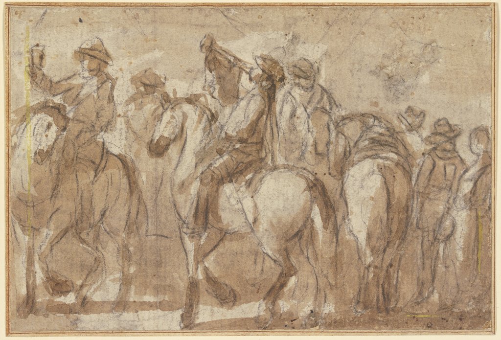 Blasender Trompeter zu Pferde, umgeben von mehreren Reitern, Giacomo Cortese