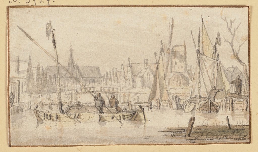 Kanal bei einer Stadt mit Schiffen belebt, Pieter Coopse