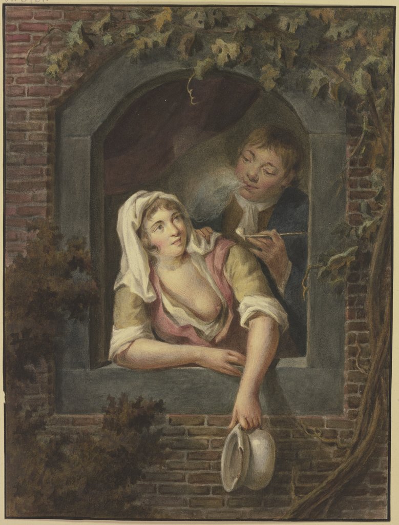 Eine Frau mit entblöstem Busen leert ein Nachtgeschirr zum Fenster hinaus, hinter ihr ein rauchender junger Mann, Lambert Antoine Claessens
