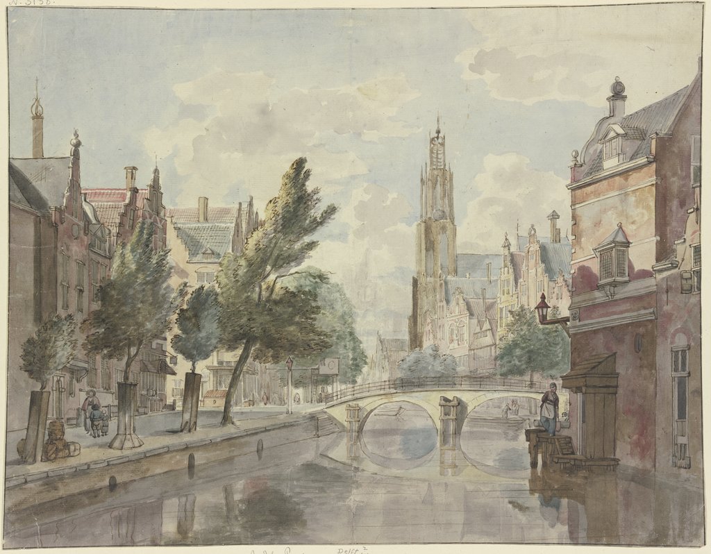 Steinbrücke über einen Kanal, im Hintergrund eine Kathedrale, rechts am Haus eine Laterne, Johannes Huibert Prins