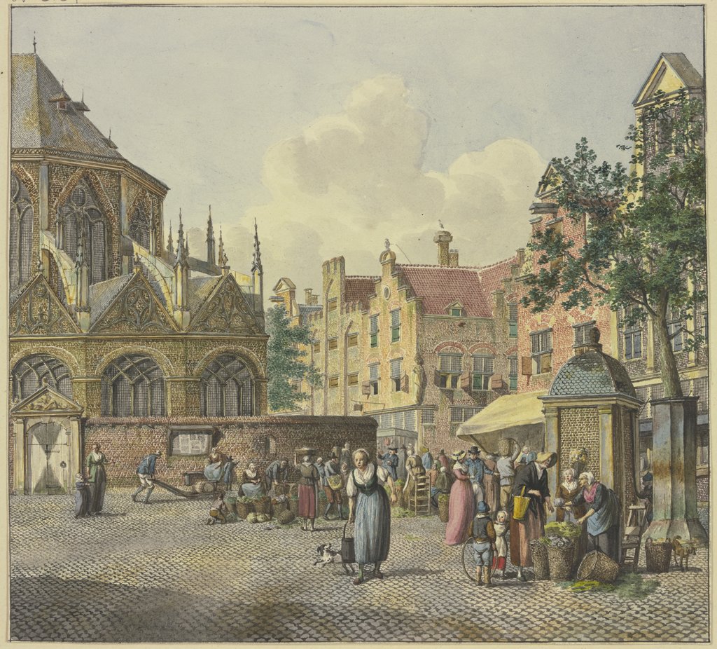 Links der Chor einer Kirche, rechts ein Brunnenhaus, mit Gemüseverkäuferinnen, Johannes Huibert Prins