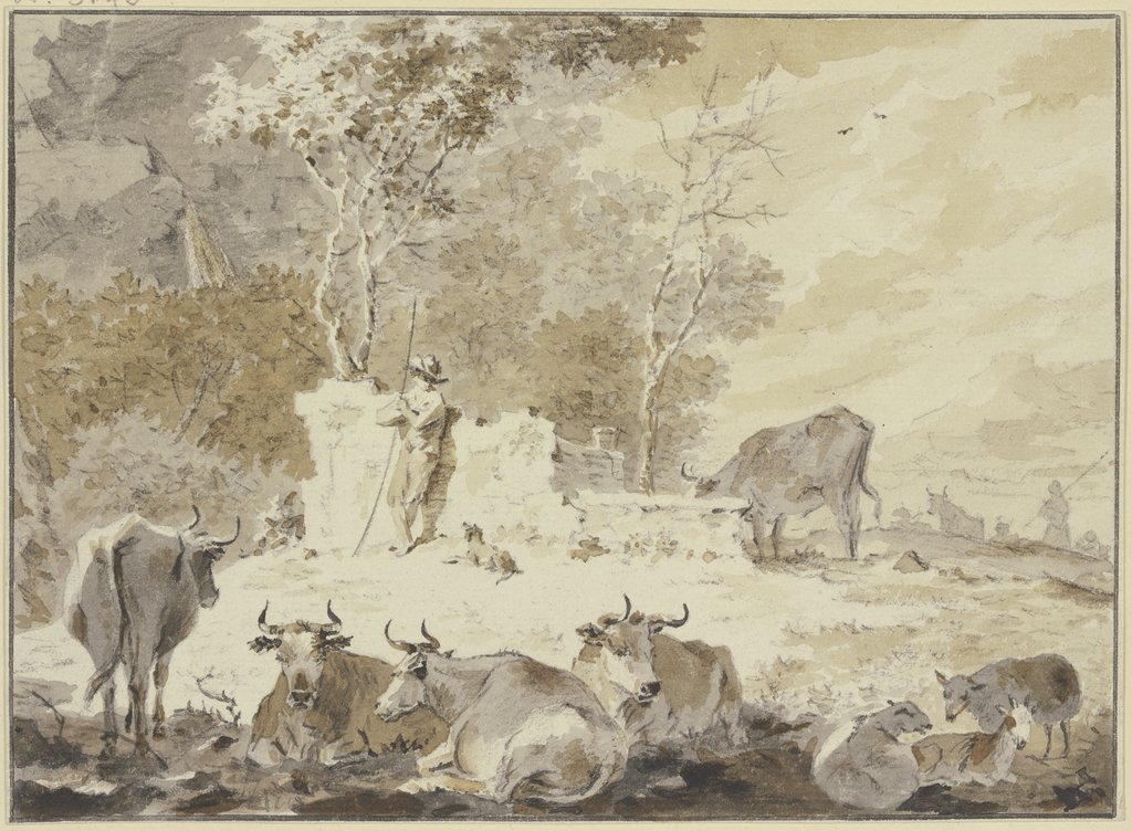 An altem Gemäuer steht links ein Hirte mit seinem Hund, umgeben von verschiedenem Vieh, Cornelis van Noorde