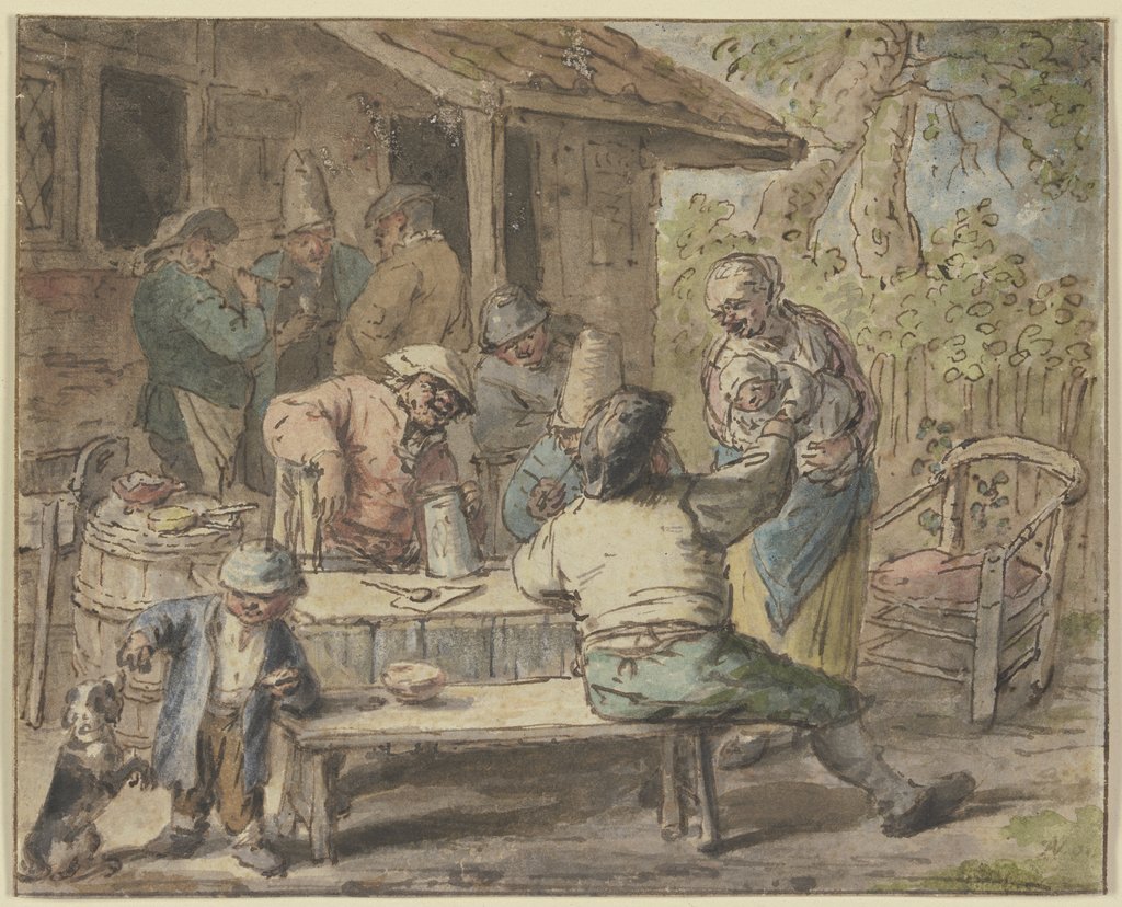 Bauern mit Kindern vor einem Haus, Adriaen van Ostade, Cornelis Dusart;   ?