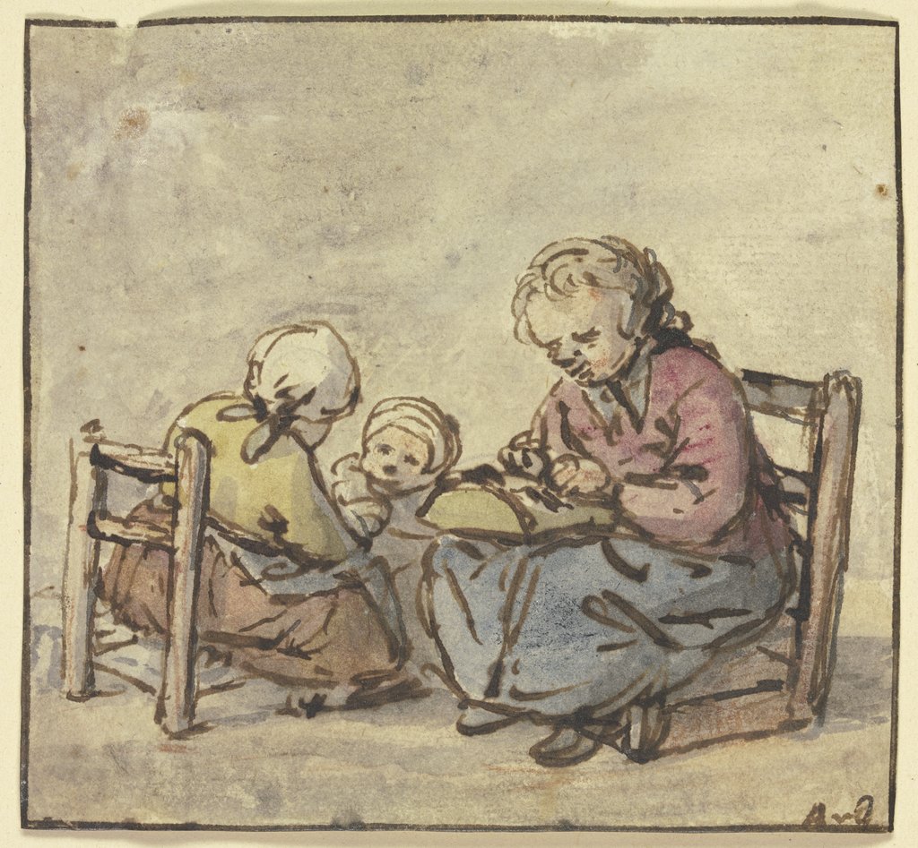 Drei Mädchen, das älteste beim Spitzenklöppeln, Adriaen van Ostade