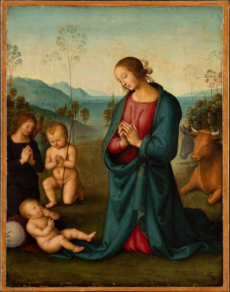Madonna, der Johannesknabe und ein Engel, das Christuskind anbetend, Pietro Perugino;  Werkstatt