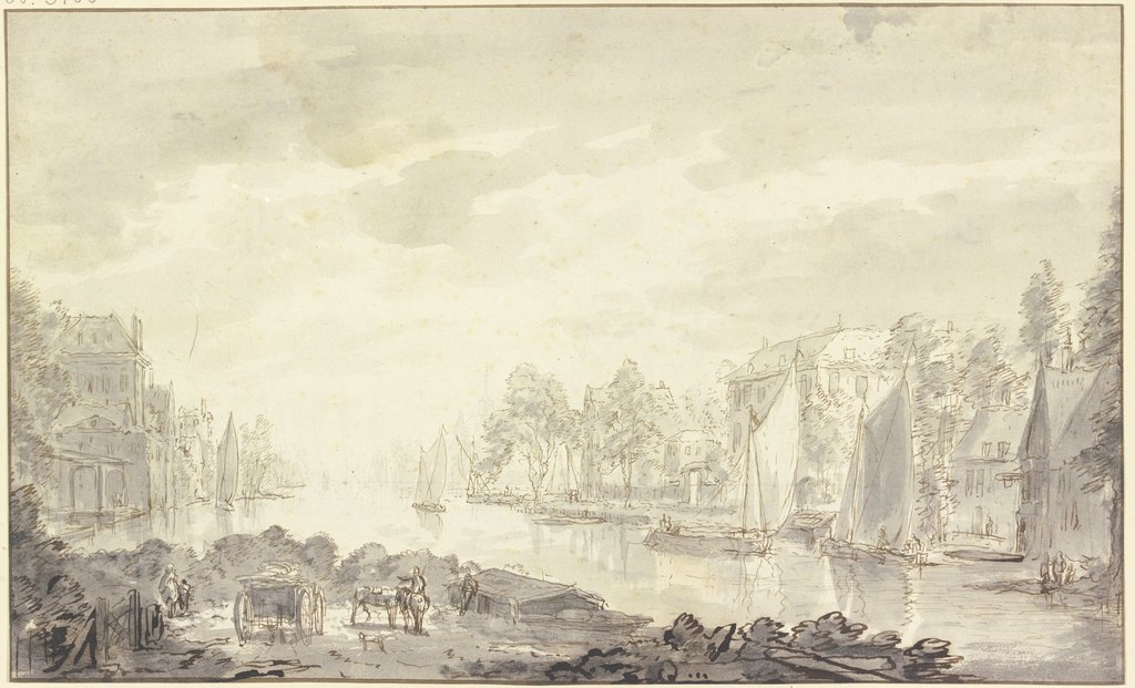 Stadtansicht am Fluss, vorne ein Wagen und Pferde, Abraham Rademaker