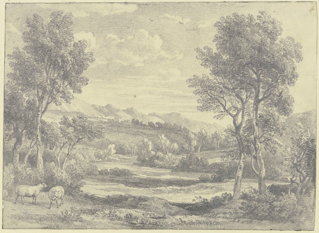 Baumreiche Landschaft mit zwei Schafen im Vordergrund, Ramsay Richard Reinagle