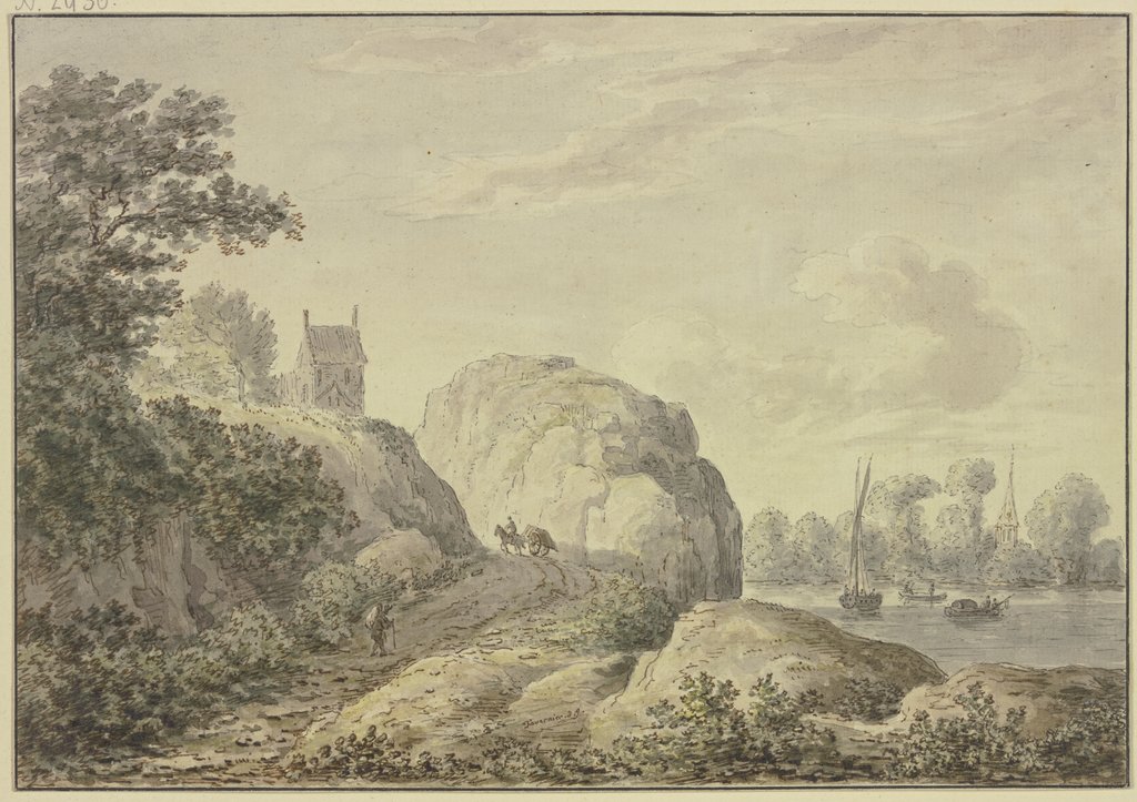 Felsiges Ufer an einem Fluß, links oben eine Kapelle, Hendrik Tavenier