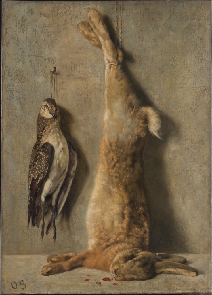 Stillleben mit totem Hasen und Perlhuhn vor grauer Mauer, Otto Scholderer