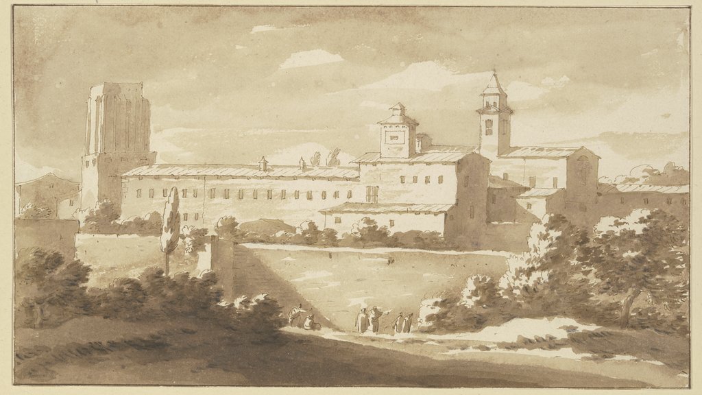 Italienisches Kloster hinter hohen Mauern, die Turmruine der Torre delle Millizie in Rom nachempfunden, Jacob van der Ulft