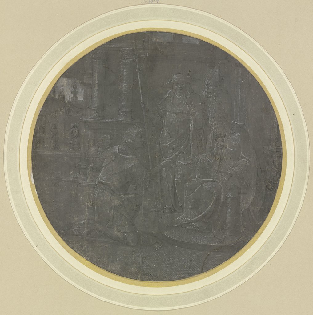 Ein Pilger empfängt im Beisein eines Kardinals und eines Bischofs vom Papst eine Bulle, Niederländisch, 16. Jahrhundert, Lucas van Leyden;   ?