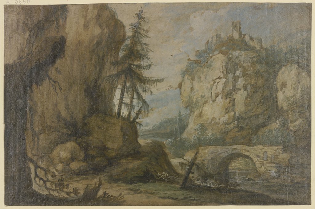 Links hohe Felsen mit Tannen, rechts auf hohen Felsen eine Burg, über dem Bach eine steinerne Brücke, Allaert van Everdingen