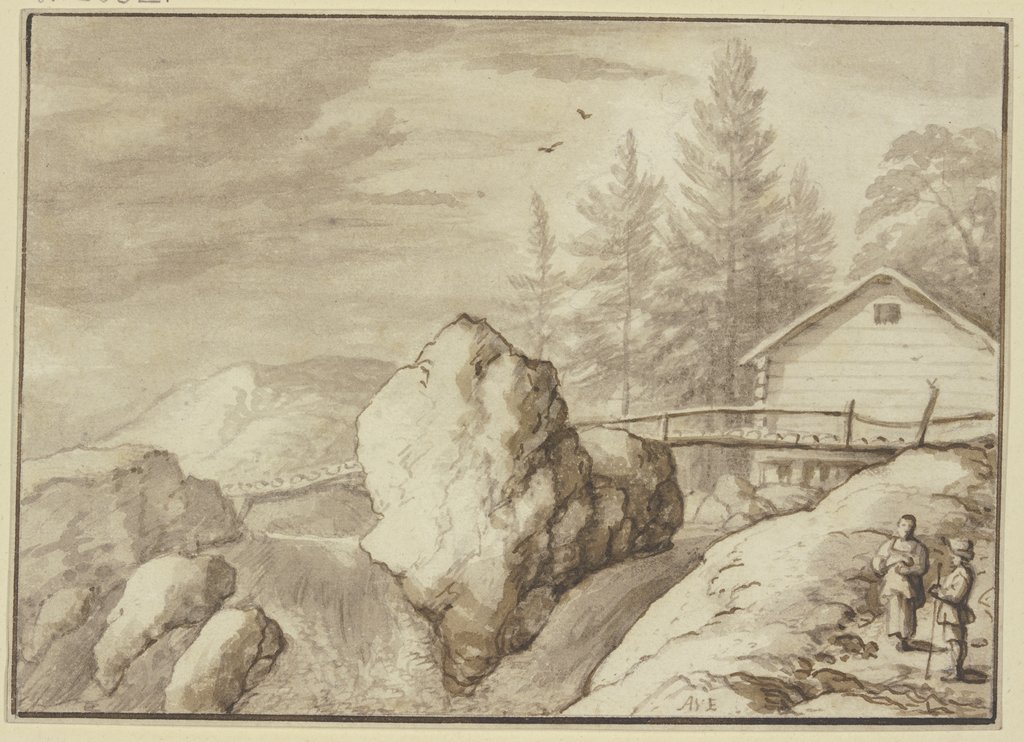 Zwischen Felsstücken ein Wasserfall, dabei ein Steg und ein Haus, rechts zwei Figuren, Allaert van Everdingen