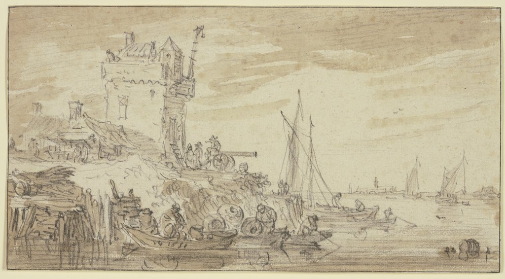 Links an einem Fluss ein befestigter Turm, dabei eine Kanone auf welcher ein Mann sitzt, Jan van Goyen