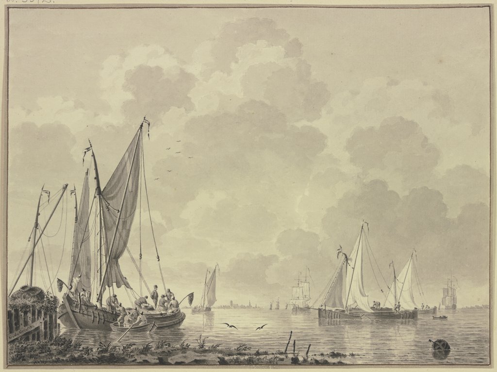 Ruhige See mit vielen Schiffen, links an einem Damm eine Barke und Boot, rechts eine Barke, Cornelis de Grient
