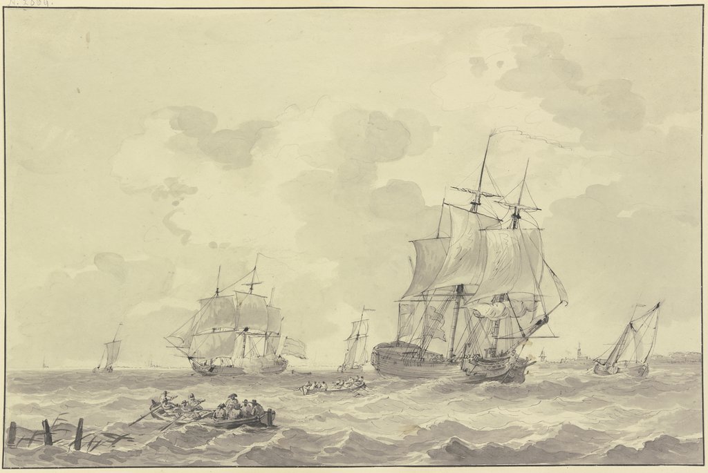 Schiffe bei bewegter See, eines löst eine Kanone, vorne zwei Ruderboote, Gerrit Groenewegen