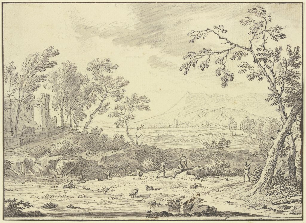 Landschaft mit Ruinen, vorne ein Hirte bei Schafen, Jan van Huysum