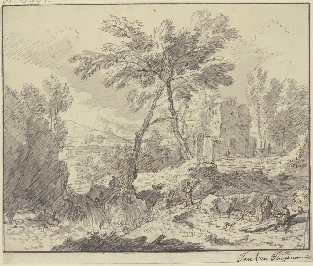 Landschaft mit einem Wasserfall, rechts an einem Baumstamm zwei Figuren, Jan van Huysum