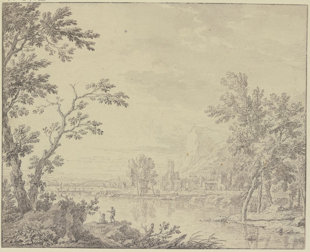 Landschaft mit einer Stadt am Wasser, Jan van Huysum