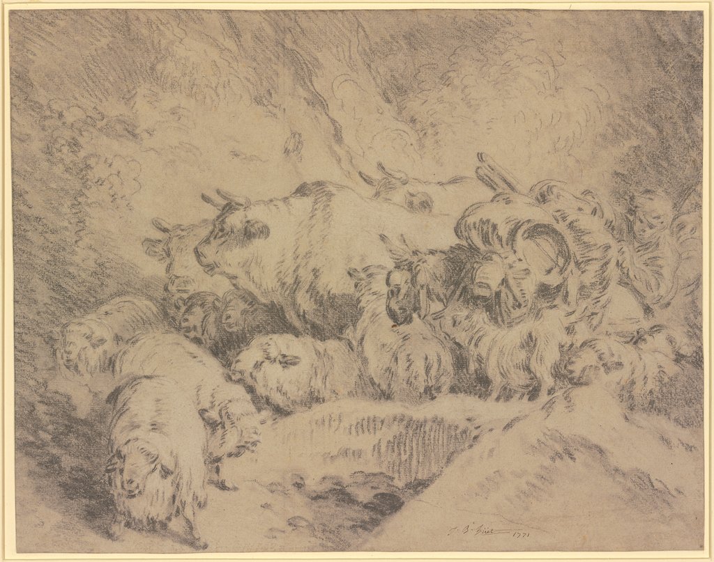 Ein Hirte mit einem bepacktem Esel treibt Ochsen und Schafe vor sich her, Jean-Baptiste Huet