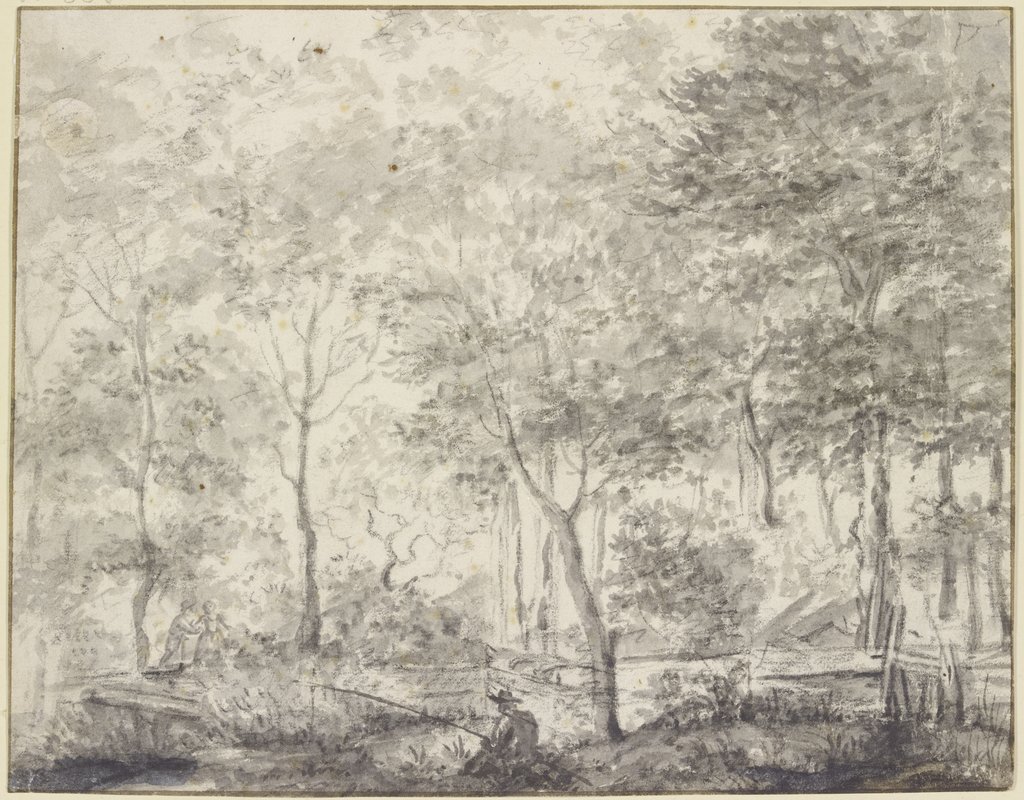 Waldpartie mit einem Kanal, dabei ein Angler, im Hintergrund ein Liebespaar, Adriaen Hendriksz. Verboom;   ?