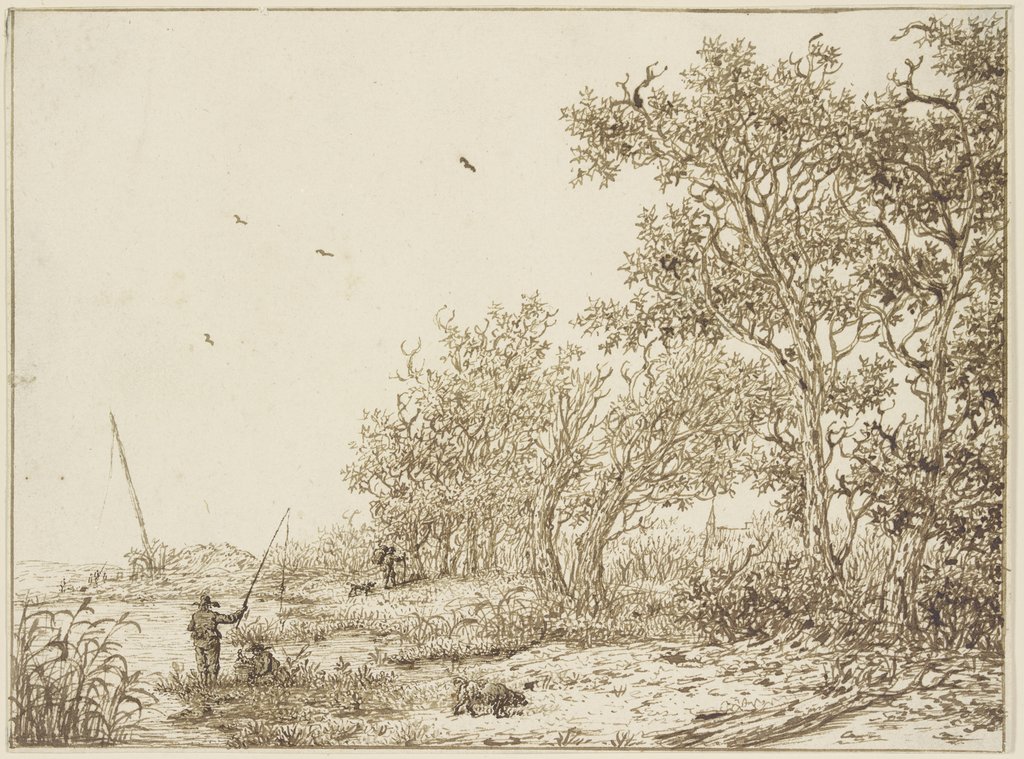 Landschaft mit Bäumen, vorne ein Angler, Adriaen Hendriksz. Verboom