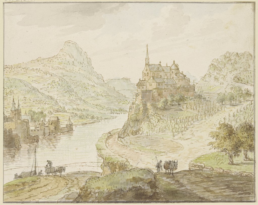 Fluß zwischen Bergen, rechts auf einem Felsen ein Kloster, Cornelis Verdonck