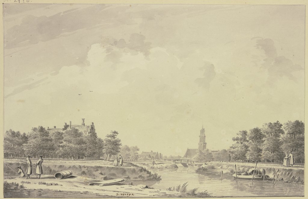Kanalansicht, im Hintergrunde eine Stadt mit Turm und Brücke, links bei einer Tonne zwei stehende Herren und ein sitzender Angler, Dirk Verrijk